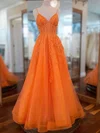 Ball Gown/Princess V-neck Tulle Glitter Floor-length Prom Dresses With Appliques Lace #Milly020121457