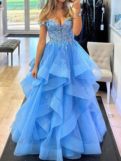 Ball Gown Off-the-shoulder Tulle Tiered Prom Dresses With Appliques #Milly020121463