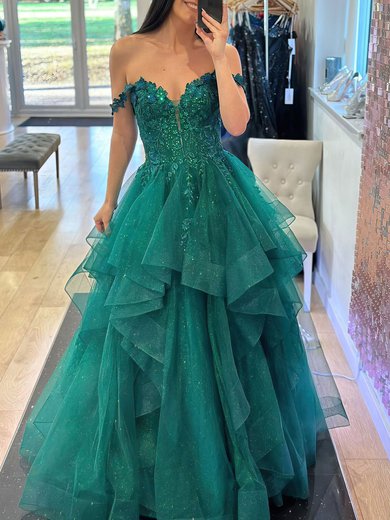Ball Gown/Princess Off-the-shoulder Glitter Floor-length Prom Dresses With Appliques Lace #Milly020121464