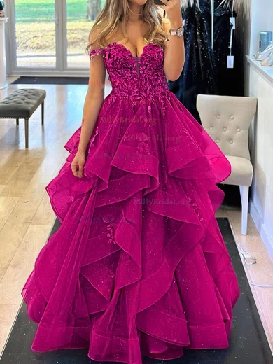 Off Shoulder Tulle Ruffles Purple Appliques Prom Dress Off Shoulder Tulle Ruffles Purple Appliques Prom Dress