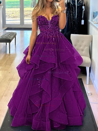 Off Shoulder Tulle Ruffles Purple Appliques Prom Dress Off Shoulder Tulle Ruffles Purple Appliques Prom Dress