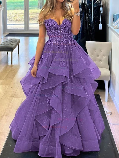 Off Shoulder Tulle Ruffles Purple Appliques Prom Dress Off Shoulder Tulle Ruffles Purple Appliques Prom Dress