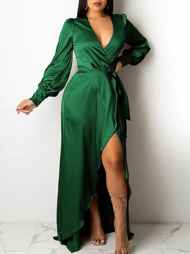 A-line V-neck Silk-like Satin Sweep Train Prom Dresses With Ruffles #Milly020121483