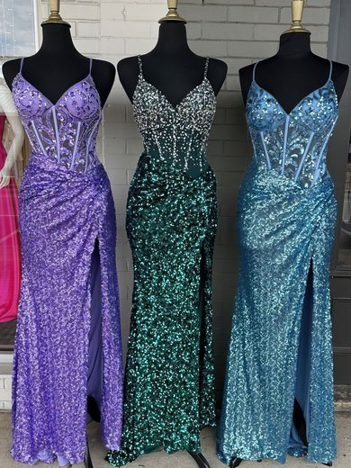 Sheath/Column V-neck Sequined Sweep Train Prom Dresses With Appliques Lace S020121504