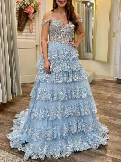 Ball Gown Off-the-shoulder Tulle Tiered Prom Dresses With Appliques #Milly020121524