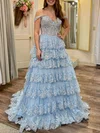Ball Gown/Princess Off-the-shoulder Tulle Sweep Train Prom Dresses With Appliques Lace #Milly020121524