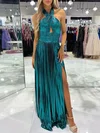 A-line Halter Metallic Sweep Train Prom Dresses With Ruched #Milly020121525