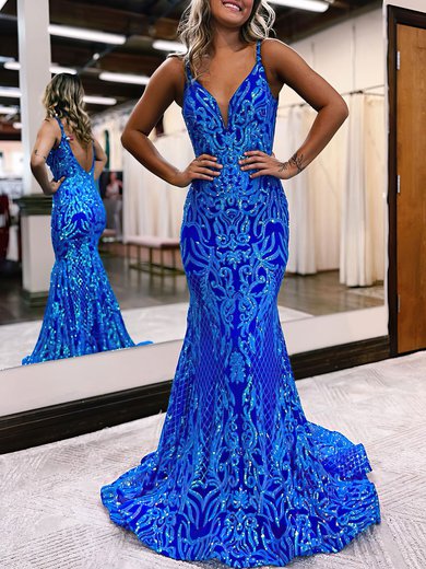 Trumpet/Mermaid V-neck Sequined Sweep Train Prom Dresses S020121529