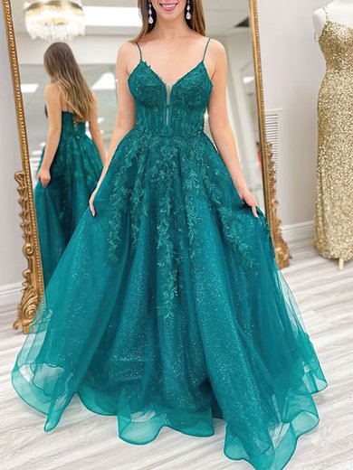 Ball Gown/Princess V-neck Tulle Glitter Sweep Train Prom Dresses With Appliques Lace #Milly020121531