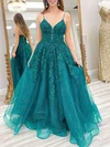 Ball Gown/Princess V-neck Tulle Glitter Sweep Train Prom Dresses With Appliques Lace #Milly020121531