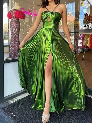 A-line Halter Metallic Sweep Train Prom Dresses With Split Front S020121540