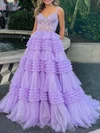 Ball Gown/Princess V-neck Tulle Glitter Sweep Train Prom Dresses With Appliques Lace #Milly020121560