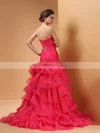 Gorgeous Watermelon Organza Split Front Court Train Beading Lace up Prom Dress #02014420