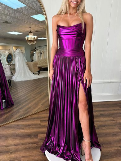 A-line Straight Metallic Sweep Train Prom Dresses With Split Front S020121568