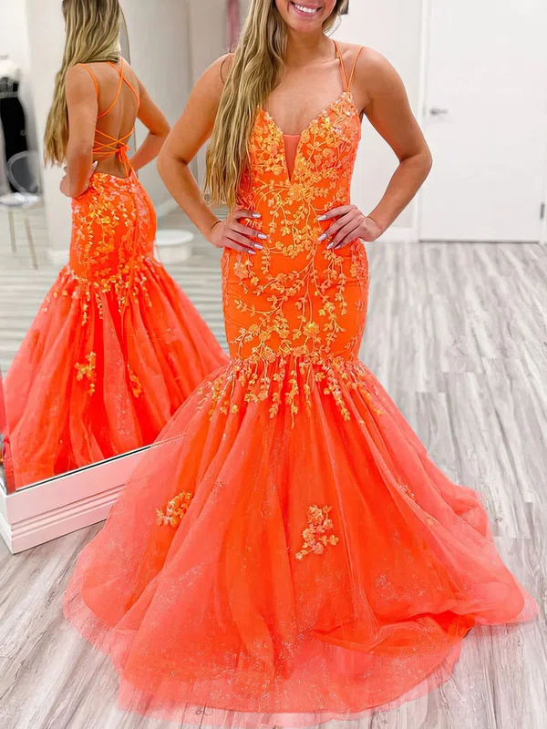 Trumpet/Mermaid V-neck Glitter Sweep Train Prom Dresses With Appliques Lace #Milly020121580