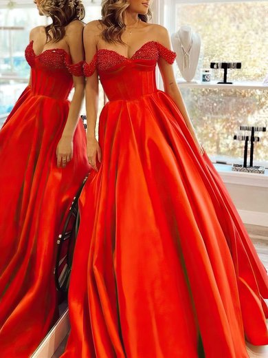 Ball Gown/Princess Off-the-shoulder Satin Sweep Train Prom Dresses With Beading #Milly020121591