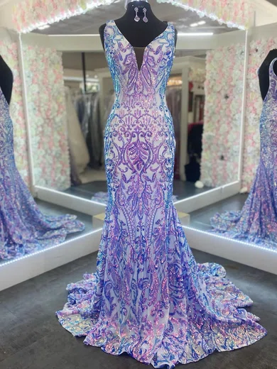 Mermaid V-neck Sparkly Sequin Prom Dresses #Milly020121595