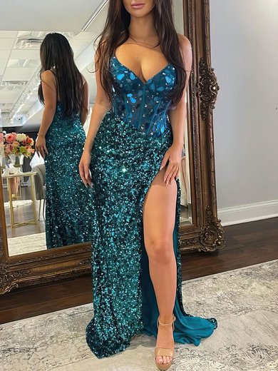 Trumpet/Mermaid V-neck Velvet Sequins Sweep Train Prom Dresses With Split Front S020121598