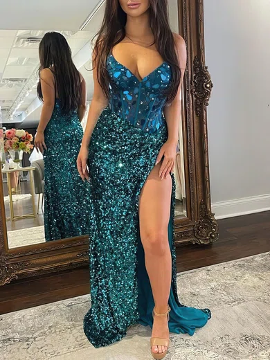 Mermaid V-neck Sparkly Velvet Sequin Prom Dresses With Beading #Milly020121598