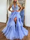 Ball Gown/Princess Halter Tulle Glitter Sweep Train Prom Dresses With Appliques Lace #Milly020121624