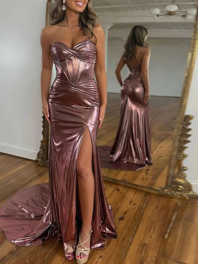 Trumpet/Mermaid Sweetheart Metallic Sweep Train Prom Dresses With Split Front S020121625