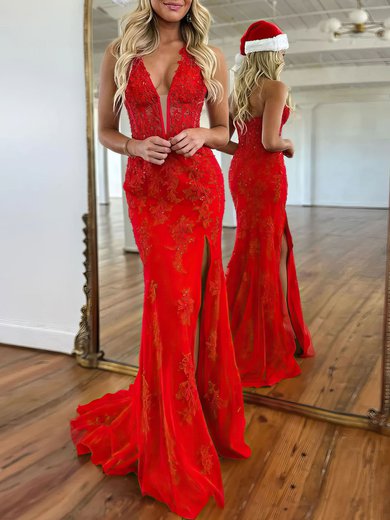 Trumpet/Mermaid Halter Tulle Sweep Train Prom Dresses With Appliques Lace #Milly020121626