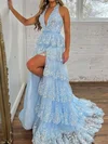 Ball Gown/Princess Halter Tulle Sweep Train Prom Dresses With Appliques Lace #Milly020121630