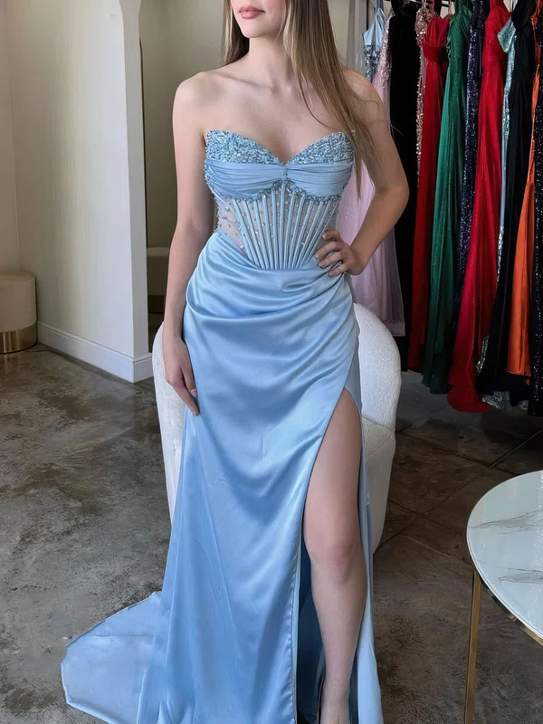 Sheath/Column V-neck Satin Corset Prom Dresses With Ruched #Milly020121645