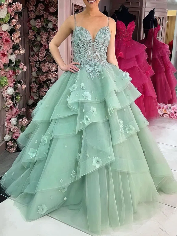 Ball Gown/Princess V-neck Organza Sweep Train Prom Dresses With Tiered #Milly020121654