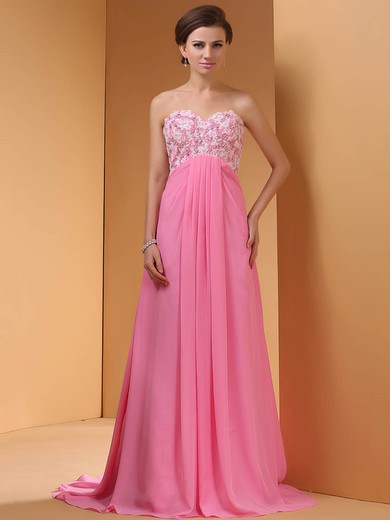 Empire Applique Lace Chiffon Sweep Train Pink Vintage Prom Dresses #02014442
