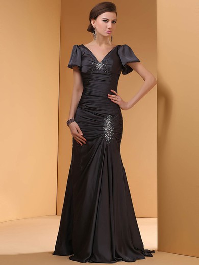 Inexpensive Trumpet/Mermaid Satin Beading Short Sleeve Black Prom Dress #02014445
