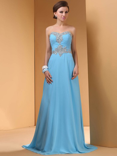 Blue Sweetheart Chiffon A-line with Beading Sweep Train Fabulous Prom Dress #02014446