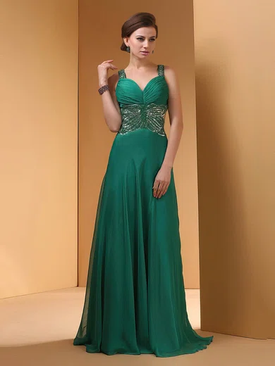 A-line V-neck Chiffon Floor-length Beading Prom Dresses #02014450