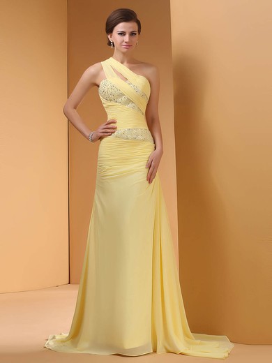 Simple One Shoulder Beading Ruffles Sheath/Column Chiffon Prom Dresses #02014429