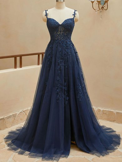 Ball Gown/Princess Sweetheart Lace Tulle Sweep Train Prom Dresses With Appliques Lace #Milly020121846