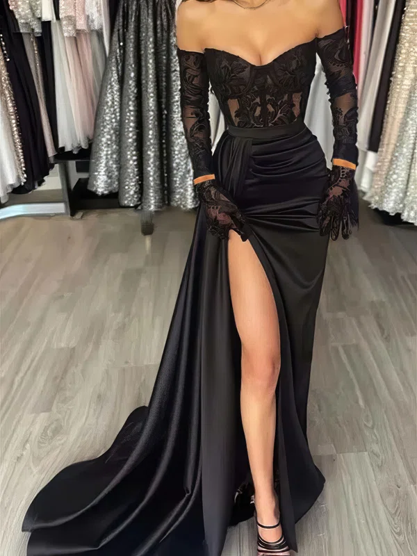 Sheath/Column Off-the-shoulder Satin Prom Dresses With Appliques #Milly020121848