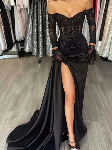 Sheath/Column Off-the-shoulder Satin Prom Dresses With Appliques #Milly020121848