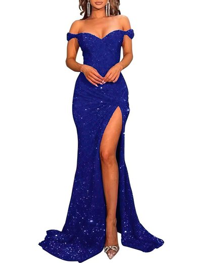 Trumpet/Mermaid Off-the-shoulder Velvet Sequins Sweep Train Prom Dresses With Split Front #Milly020121849