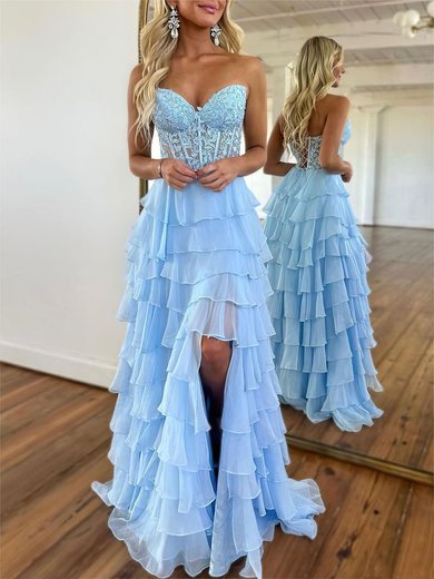 A-line Sweetheart Chiffon Sweep Train Prom Dresses With Appliques Lace #Milly020121854