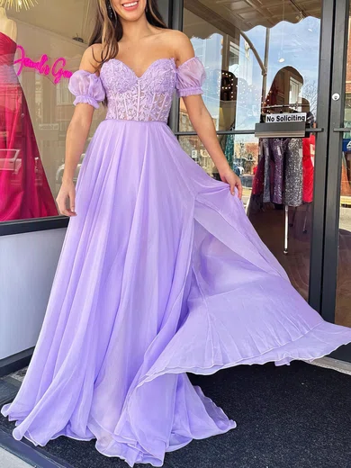 A-line Sweetheart Chiffon Puff Sleeve Prom Dresses With Appliques #Milly020120913