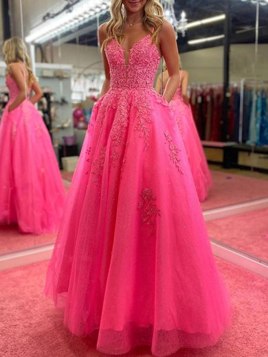 Ball Gown V-neck Tulle Floor-length Appliques Lace Prom Dresses #Milly020120872