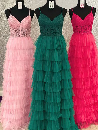 Ball Gown V-neck Tulle Sweep Train Appliques Lace Prom Dresses #Milly020120898