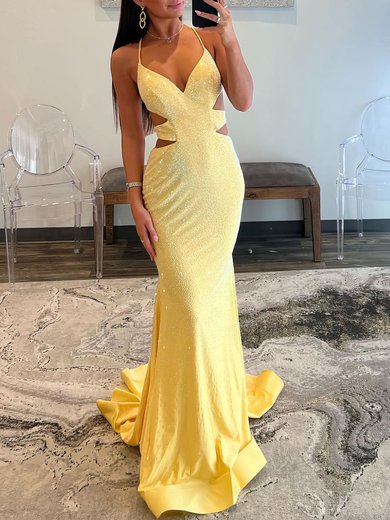 Trumpet/Mermaid V-neck Jersey Sweep Train Beading Prom Dresses #Milly020119613