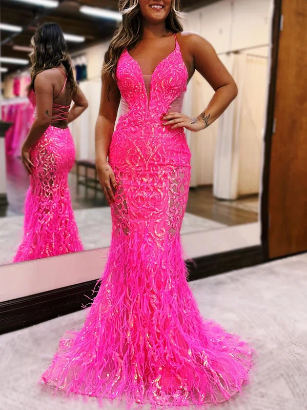 Trumpet/Mermaid V-neck Sequined Sweep Train Prom Dresses With Feathers / Fur #Milly020121666
