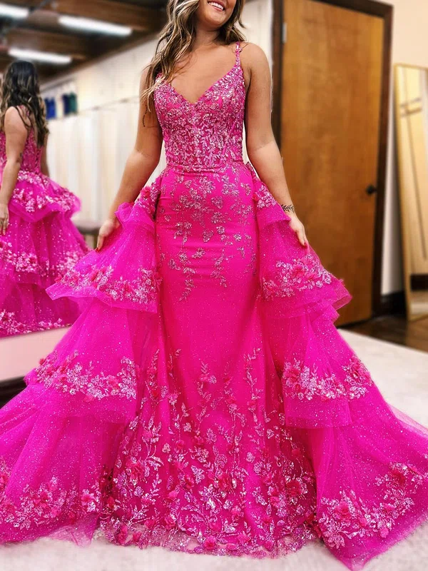 Ball Gown/Princess V-neck Glitter Watteau Train Prom Dresses With Appliques Lace #Milly020121668
