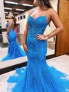 Trumpet/Mermaid V-neck Tulle Sweep Train Prom Dresses With Appliques Lace #Milly020121671