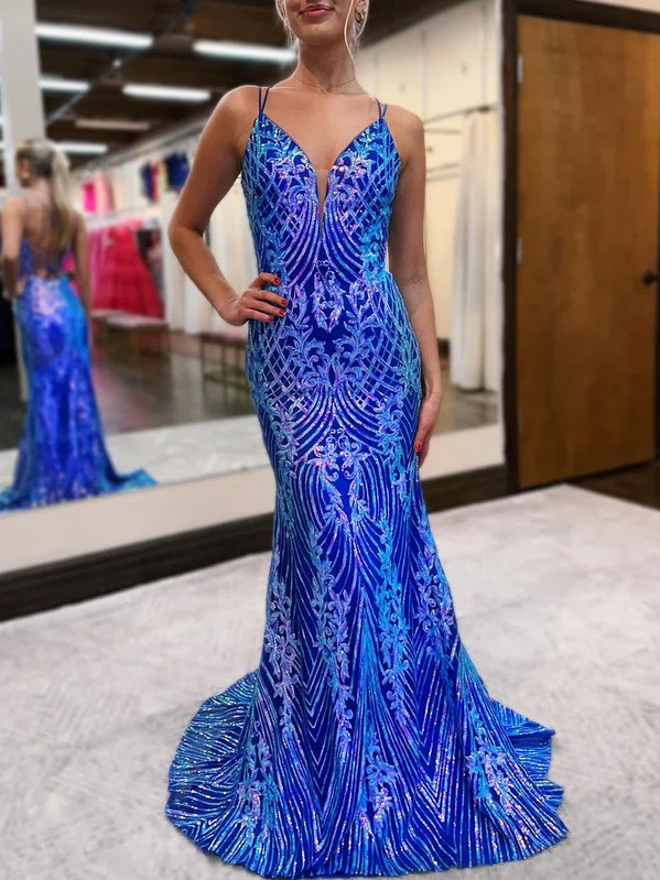 Trumpet/Mermaid V-neck Sequined Sweep Train Prom Dresses #Milly020121672