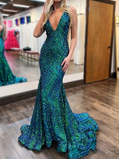 Mermaid V-neck Backless Sparkly Sequin Prom Dresses #Milly020121675
