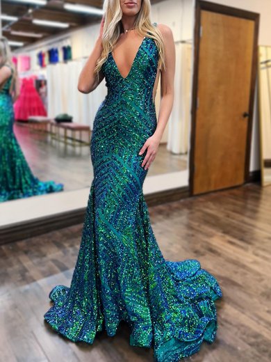 Trumpet/Mermaid V-neck Sequined Sweep Train Prom Dresses #Milly020121675