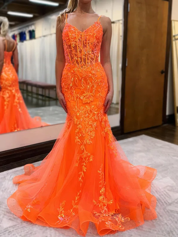 Mermaid V-neck Tulle Prom Dresses With Appliques #Milly020121677